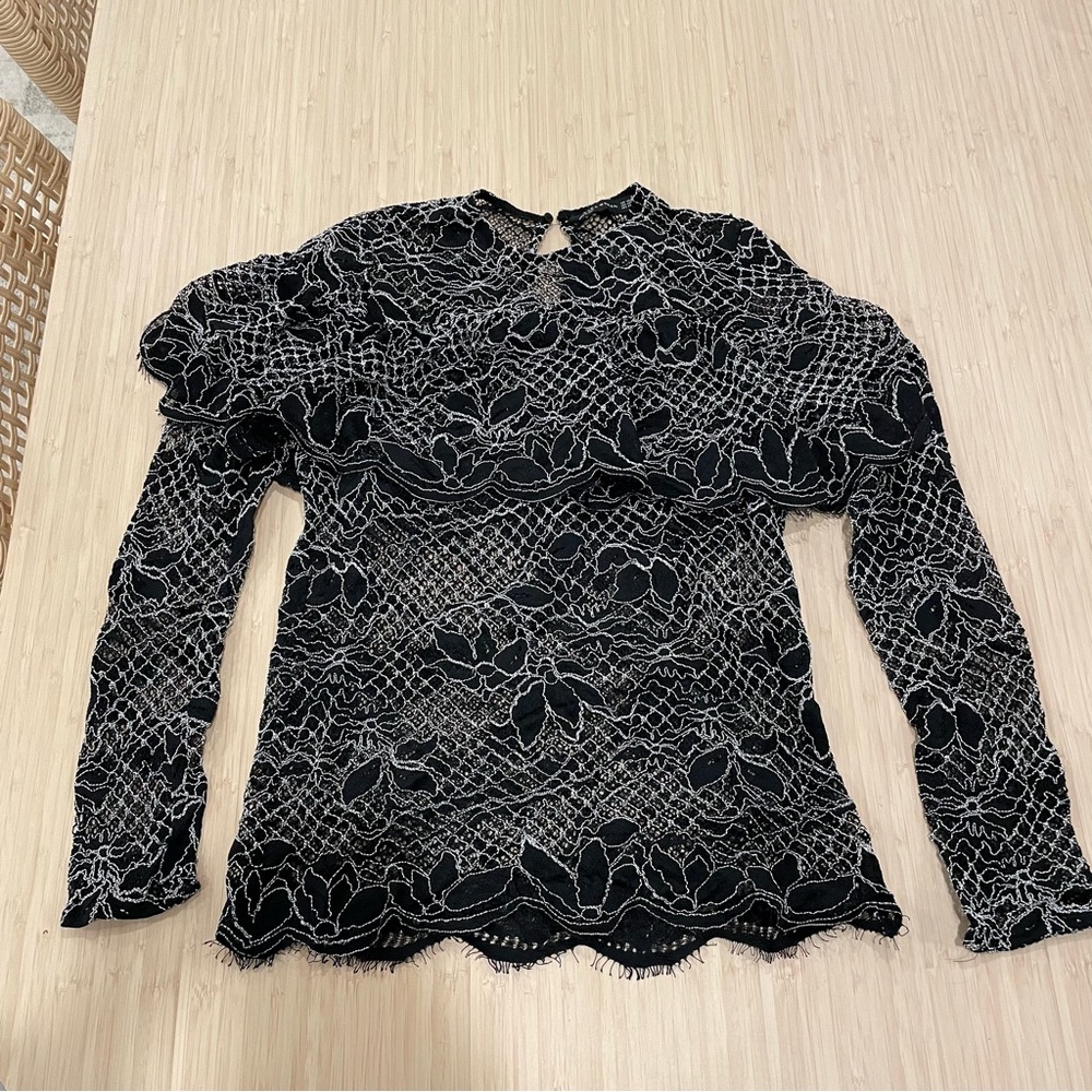 Zara black and white floral lace long sleeve blouse xs